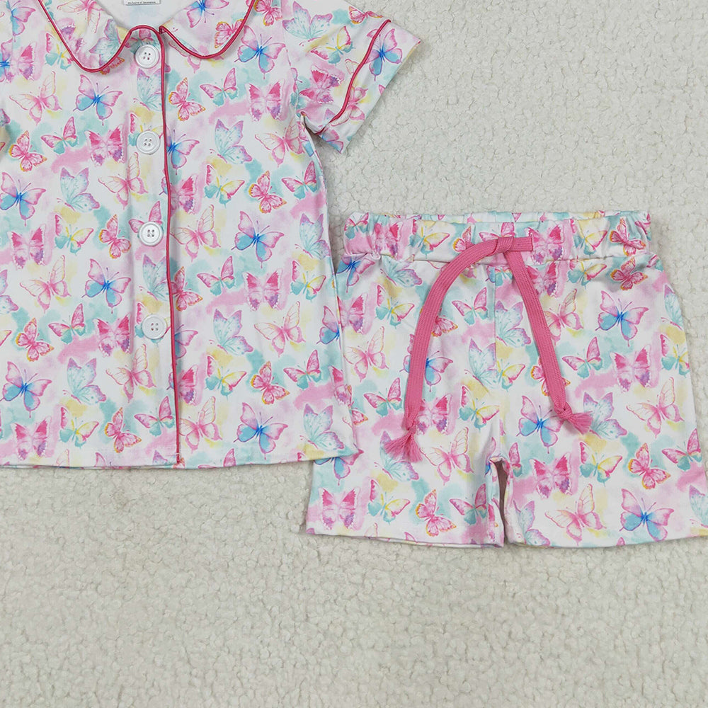 GSSO2601 RTS NO MOQ Baby Girls Summer Outfits Baby Girls Short Sleeves Colorful Butterfly Butter Top Short Pajamas Set