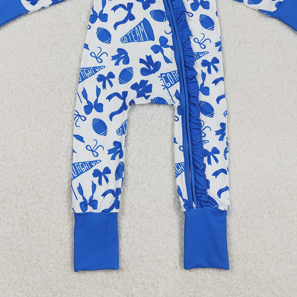 RTS NO MOQ （In stock）LR2511 Baby Girls Winter Rompers Blue Football Bow Ruffle Baby Girls Team Zipper Romper Infant Outfit