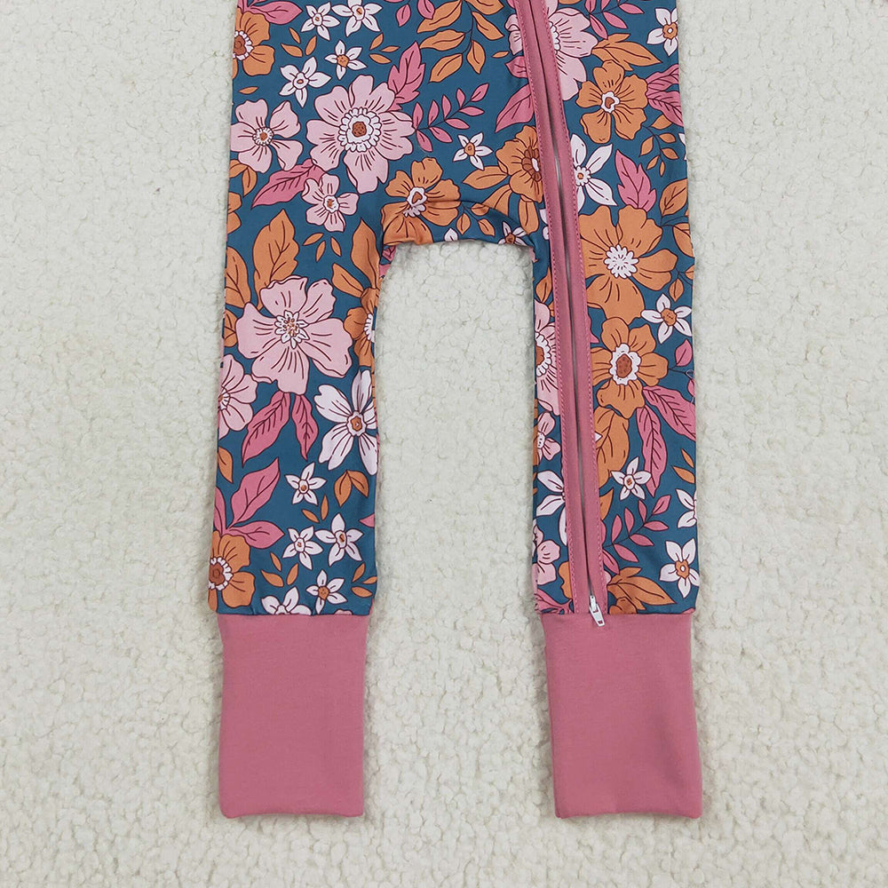 8.25 RTS NO MOQ （In stock）LR2244 Baby Girls Winter Rompers Baby Girls Lavender Long Sleeves Floral Zipper Rompers