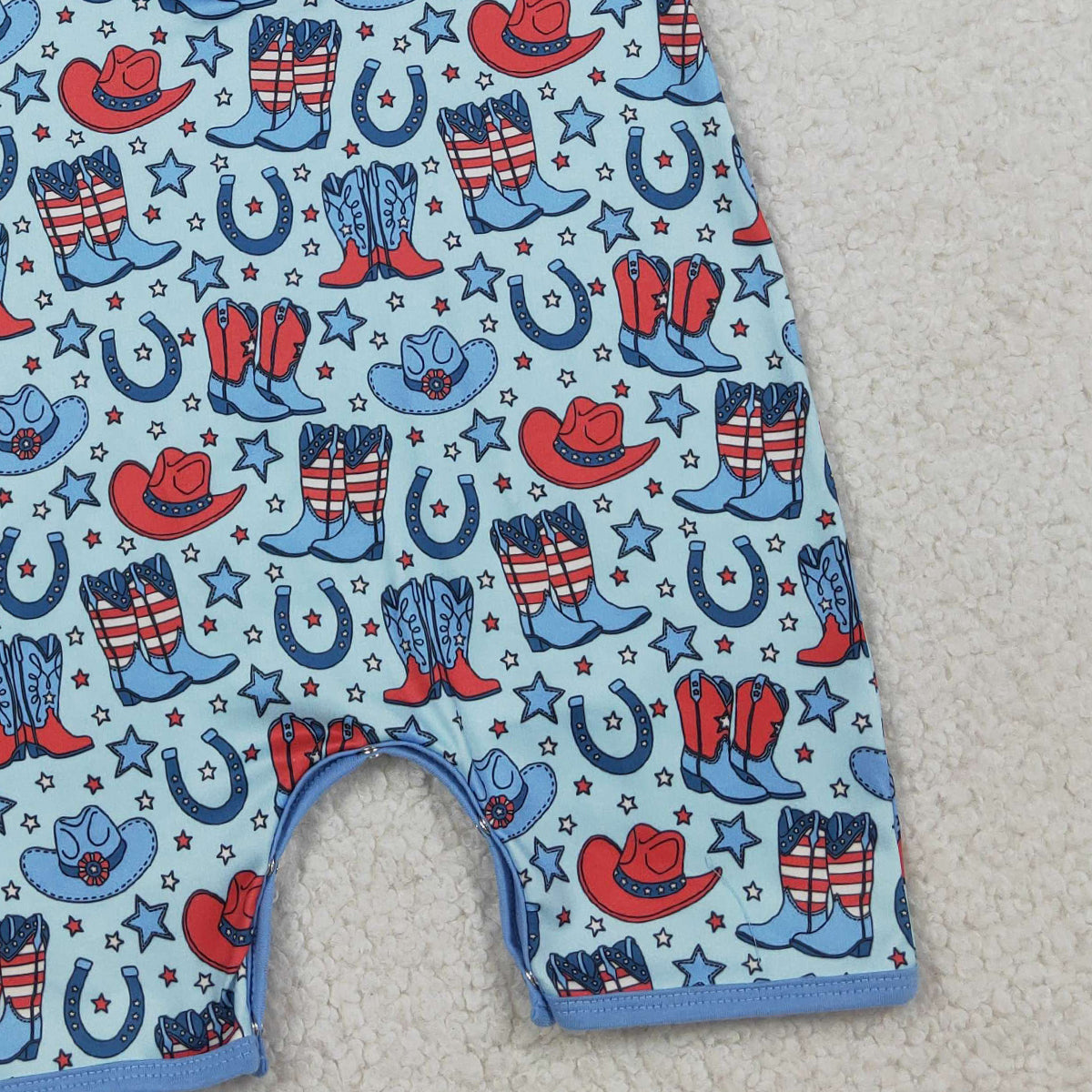 3.26 RTS NO MOQ （In stock）SR3884 Children's Fashion Romper Baby Boys Short Sleeve Blue Star Hat Boots 4th of July Western Button Rompers