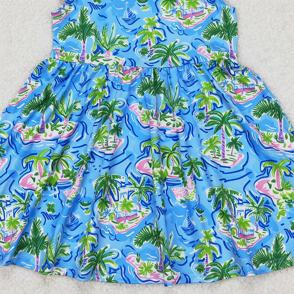 4.22 GSD1928 RTS NO MOQ Flutter sleeves watercolor blue boat trees girls summer dress