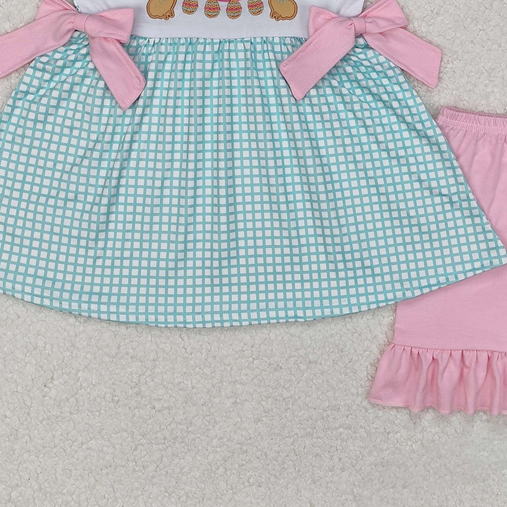 GSSO1882Girls Plaid Bunny Eggs Tunic Ruffle Shorts Outfit Easter Themed Clothing Set for Kids