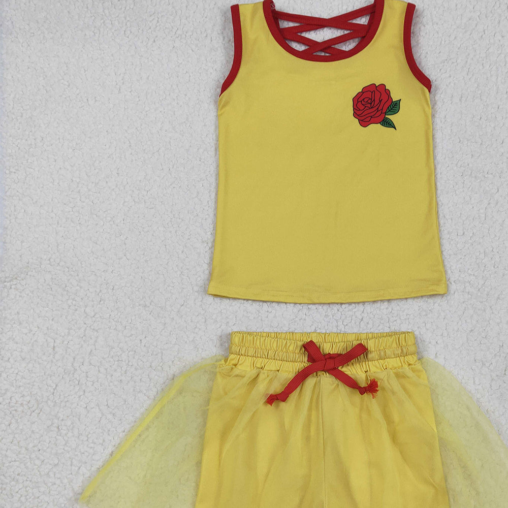 6.20 GSD2070RTS NO MOQ Baby Girls Skirt Sets Baby Girls Yellow Sleeveless Red Rose Top Tulle Skirt With Short Set