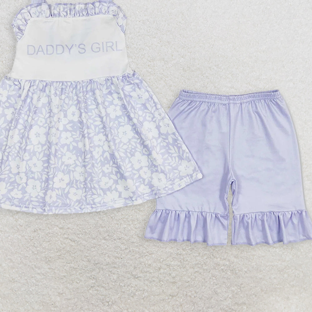 GSSO1069 RTS NO MOQ Baby Girls Summer Outfits Daddy's girl blue flower lace sleeveless shorts set