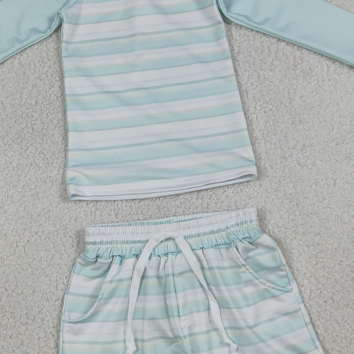 3.17 RTS NO MOQ （In stock）S0649 Baby Boys Summer Fashion Light Blue Stripe Top Pockets Shorts Swimsuits