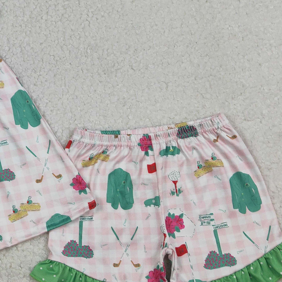 1.19 RTS NO MOQ （In stock）GSSO3099 Baby Girls Strap Pink Checked Golf Flags Tunic Ruffle Shorts Clothes Sets