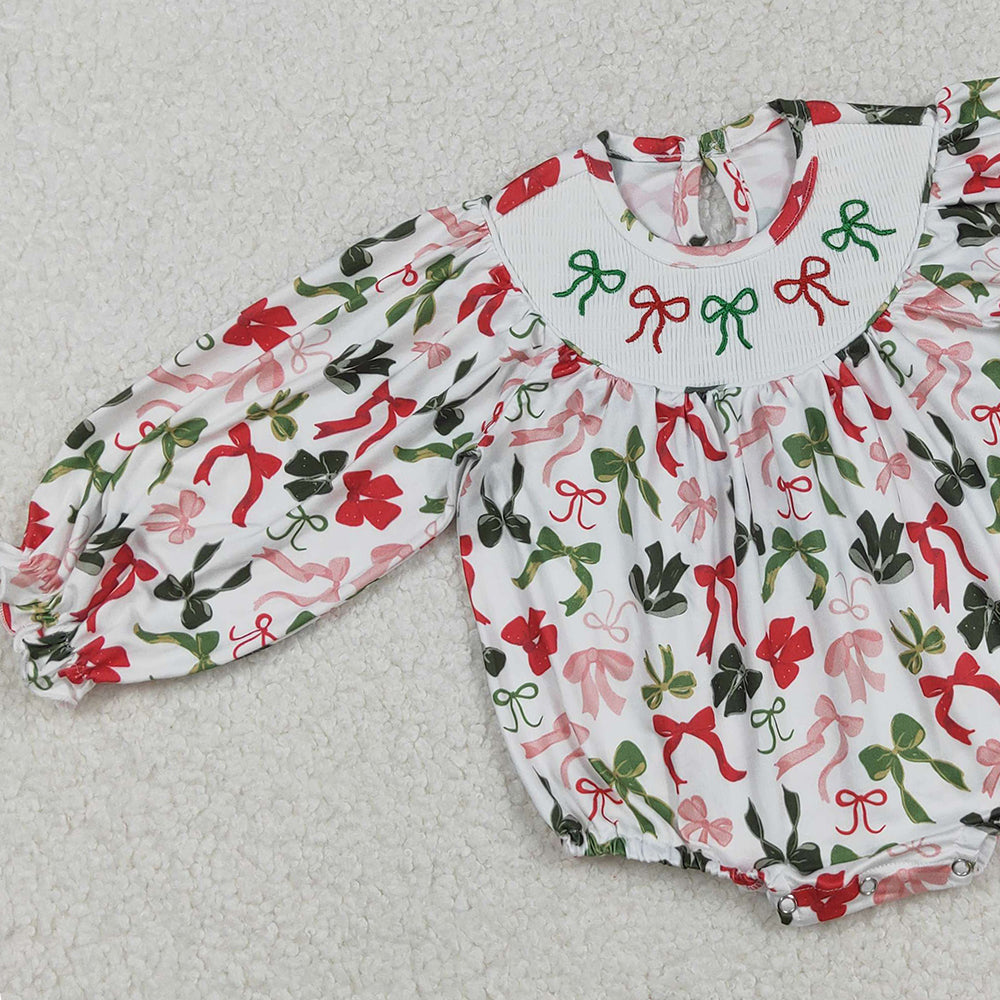 RTS NO MOQ （In stock）LR2185 Baby Girls Winter Rompers  Christmas Romper Long Sleeves Green Red Bow Cute Holiday Outfit for Kids