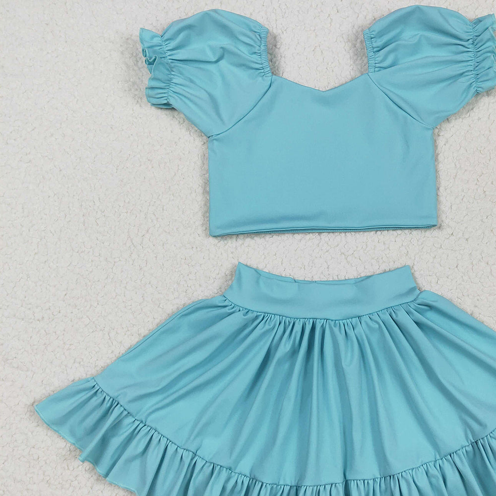 7.19  GSD2101 RTS NO MOQ Baby Girls Yoga Outfits Baby Girls Aqua Yoga Shirt Skirt Active Wear Clothes Sets