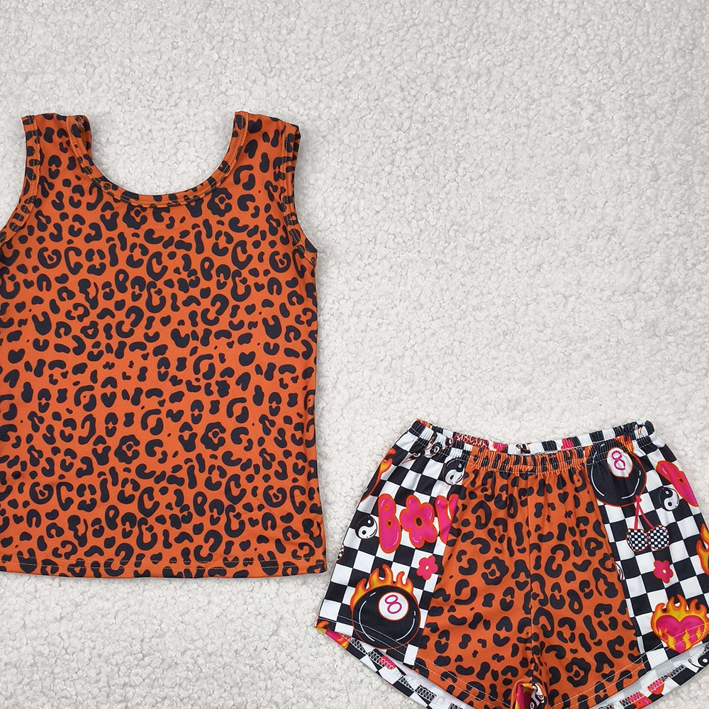 GSSO2391RTS NO MOQ Baby Girls Summer Outfits Girls Sleeveless Leopard Print Top with Plaid Patchwork Shorts Set Fashionable Animal Pattern Outfit for Kids