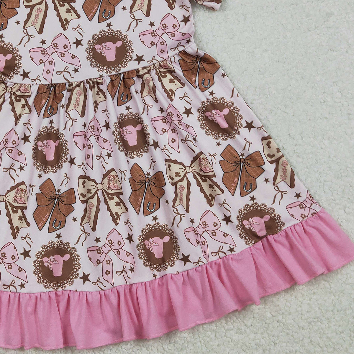 1.6 RTS NO MOQ （In stock）GSD3384 Baby Girls Flowers Highland Cows Western Ruffle Knee Length Dresses