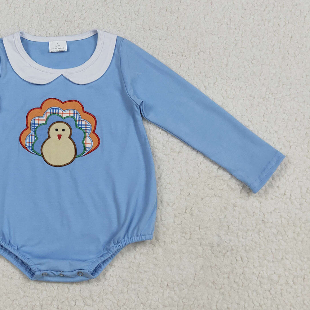 RTS NO MOQ （In stock）LR2261 Baby Boys Winter Rompers Embroidery Baby Boys Blue Long Sleeves Turkey Bummies Rompers