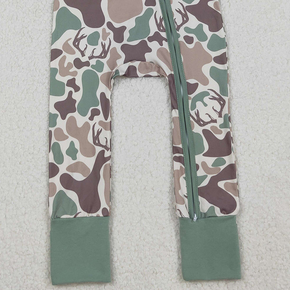 RTS NO MOQ （In stock）LR2582 Baby Boys Winter Rompers Brown Deer Camo Western Zipper Footie Rompers