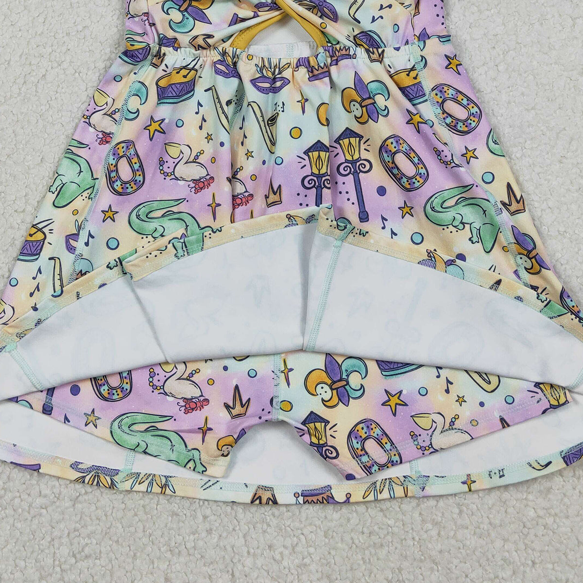 12.23 RTS NO MOQ （In stock）GSD2949 Baby Girls Mardigras Crocodiles Donuts Yoga Active Shorts Knee Length Dresses