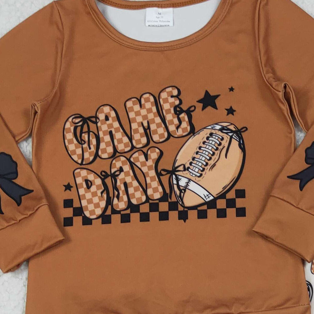 10.10 RTS NO MOQ （In stock）GLP2721 Baby Girls Winter Outfits Baby Girls Brown Game Day Footballs Top Bell Bottom Pant Team Clothes Set