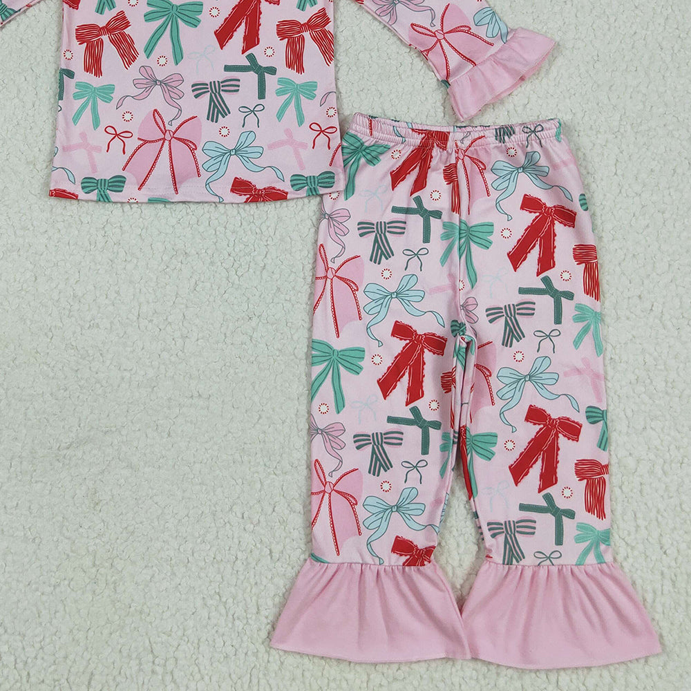 8.18 GLP2413RTS NO MOQ Baby Girls Winter Outfits Baby Girls Pink Long Ruffle Sleeves Colorful Bows Top Pant Pajamas Set