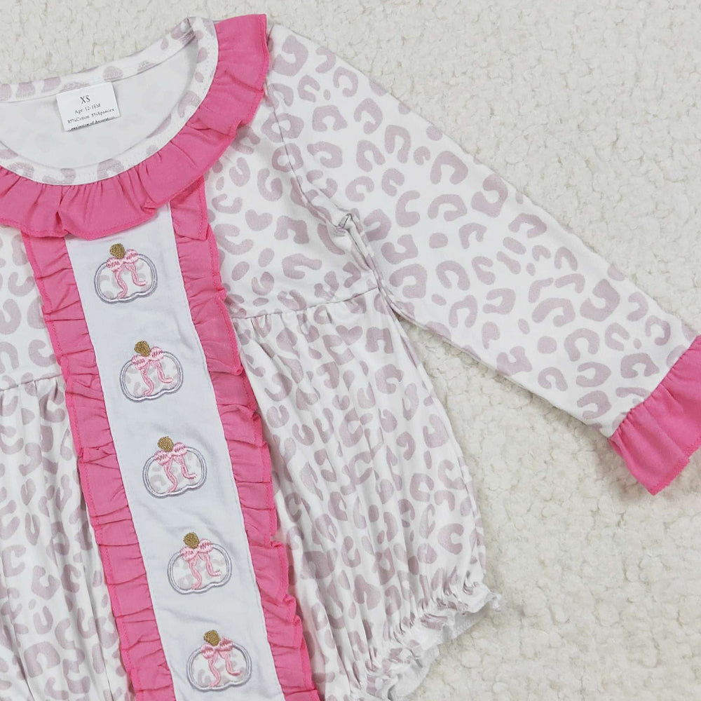 RTS NO MOQ （In stock）LR2220 Baby Girls Winter Rompers Embroidery Bows Pumpkins Baby Girls Leopard Fall Ruffle Rompers