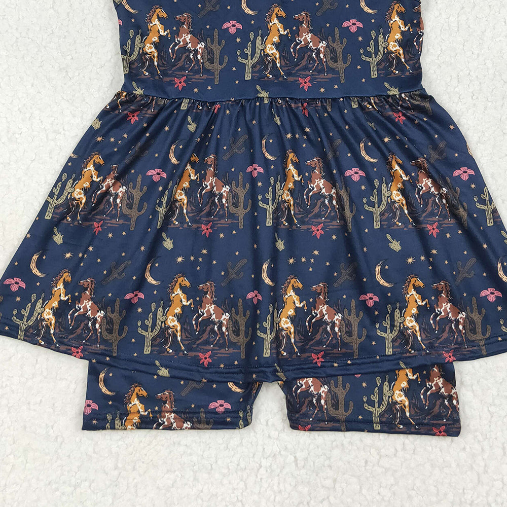 RTS NO MOQ （In stock）SR3071 Baby Girls Summer Jumpsuits Baby Girls Navy Sleeveless Horses Cactus Skort Jumpsuits
