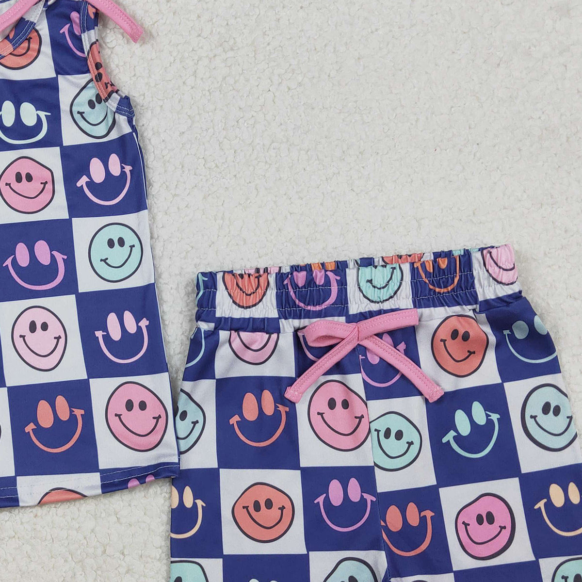 12.6 RTS NO MOQ （In stock）GSSO2831 Baby Girls Colorful Smiles Checked Top Pockets Shorts Clothes Sets