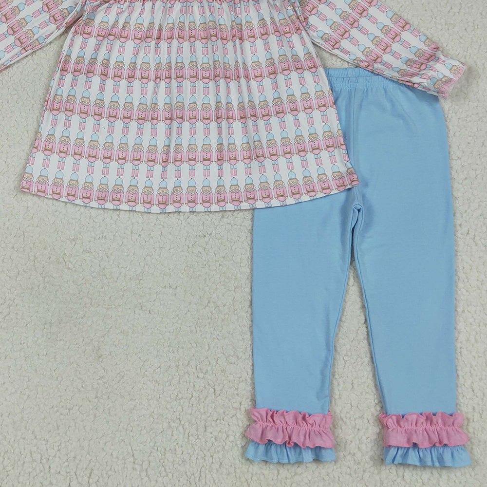 RTS NO MOQ （In stock） GLP2456 Baby Girls Winter Outfits Baby Girls Christmas Soldier Plaid Top Blue Ruffle Pant Sets