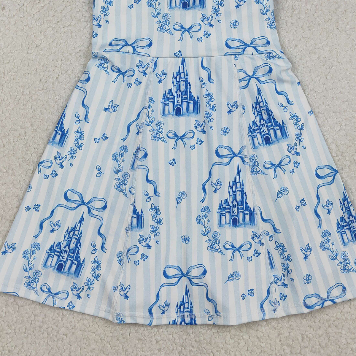 12.5 RTS NO MOQ （In stock）GSD3068 Baby Girls Blue Bows Castles Checked Yoga Active Shorts Knee Length Dresses