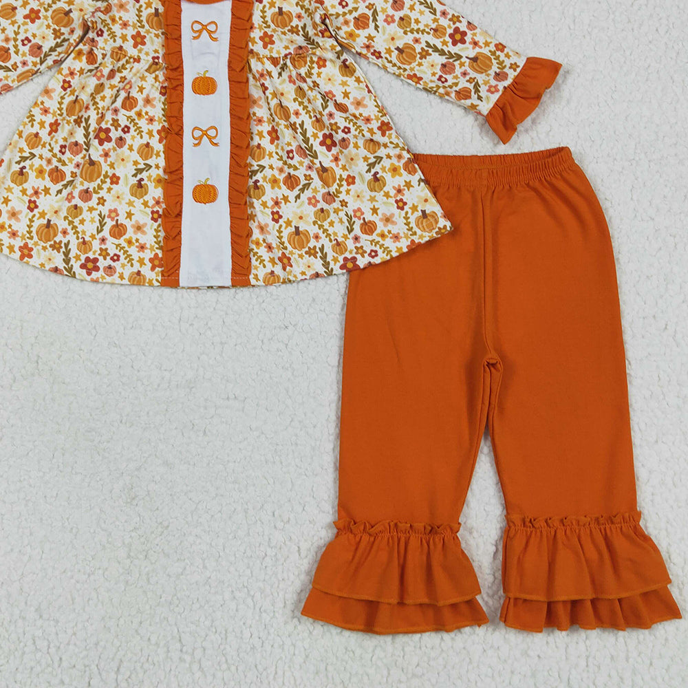 8.16  GLP2361RTS NO MOQ Baby Girls Winter Outfits Embroidery Baby Girls Long Sleeves Bows Pumpkins Floral Tunic Ruffle Pant Set