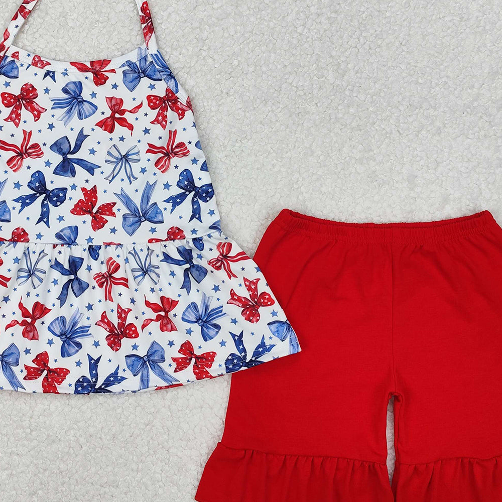 GSSO1928Girls Halter Top Shorts Set Stars Stripe Bow 4th of July Outfit Red White And Blue Patriotic Clothing for Kids