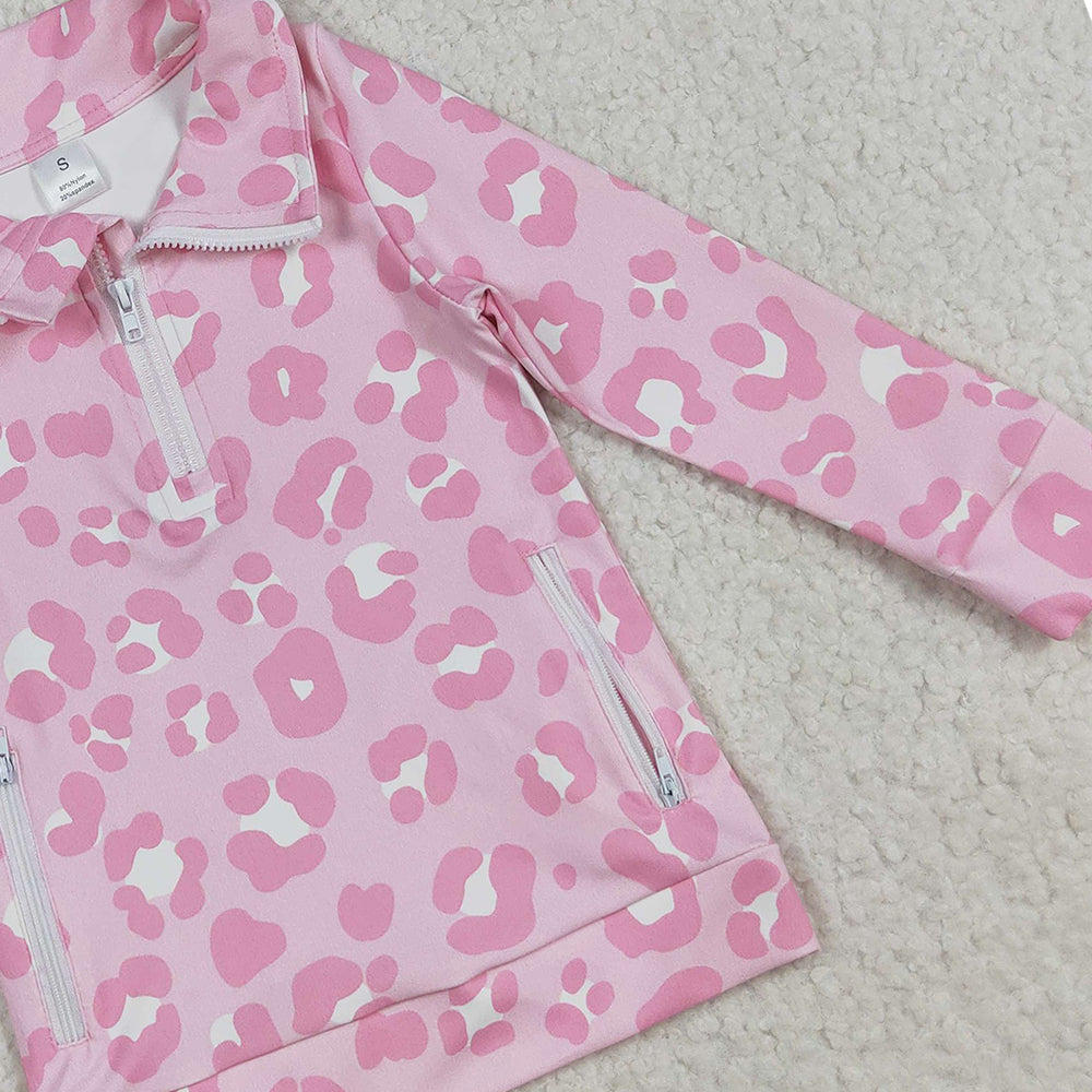 RTS NO MOQ （In stock）GT1070 Baby Girls  Yoga Tops Baby Girls Pink Leopard Pockets Zipper Yoga Activite Jackets Top