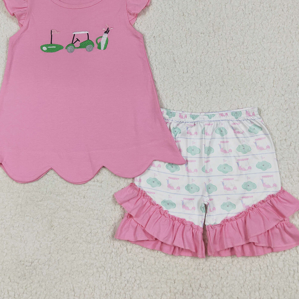 RTS NO MOQ （In stock）GSSO2660 Baby Girls Summer Outfits Embroidery Baby Girls Pink Flutter Sleeves Golf Truck Tunic Ruffle Shorts Set