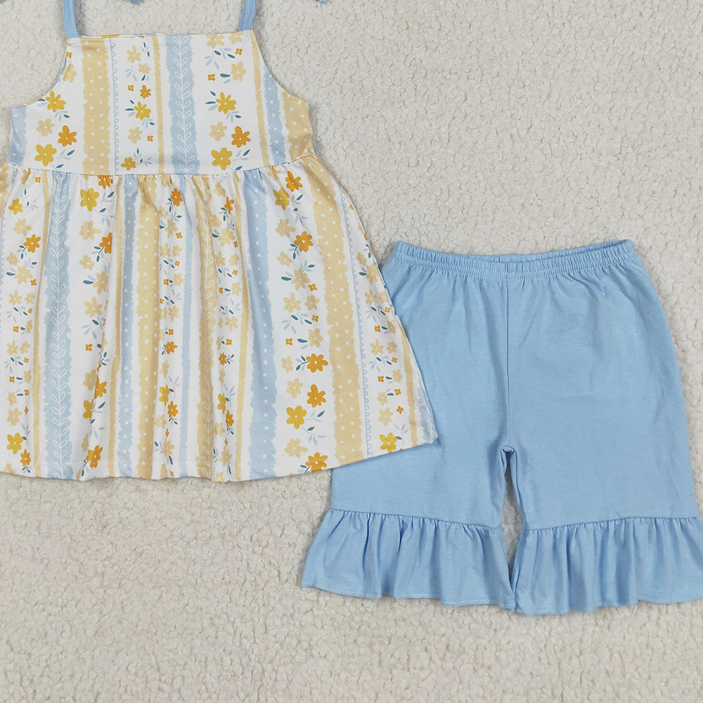 7.15  GSSO2302RTS NO MOQ Baby Girls Summer Outfits Baby Girls Light Blue Strap Floral Stripe Tunic Ruffle Short Set