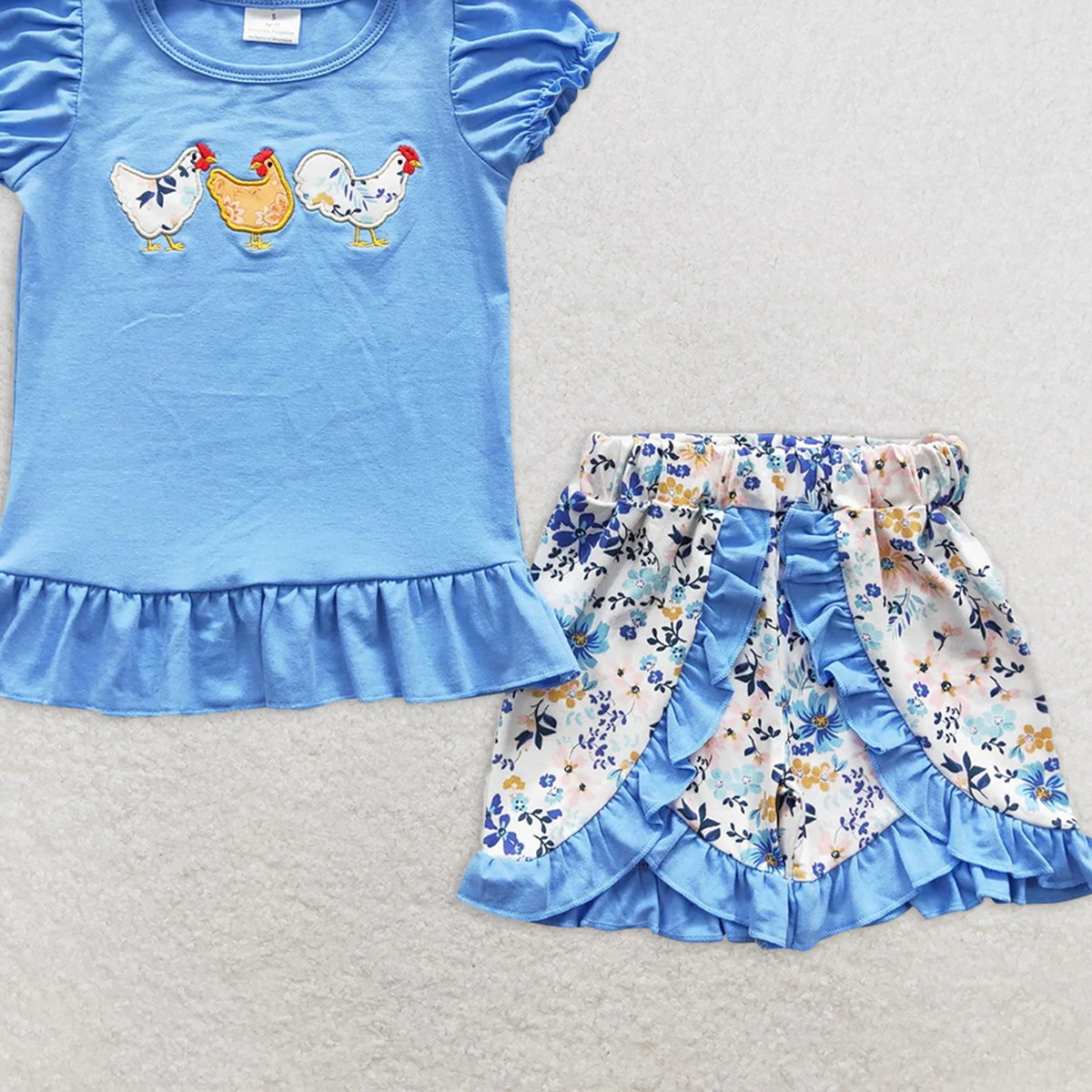 GSSO0211RTS NO MOQ Baby Girls Summer Outfits Chicken print shirt floral shorts girls clothing set
