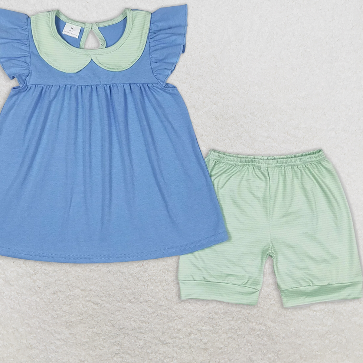 GSSO1067 RTS NO MOQ Baby Girls Summer Outfits Green striped doll collar and blue flying sleeve shorts suit