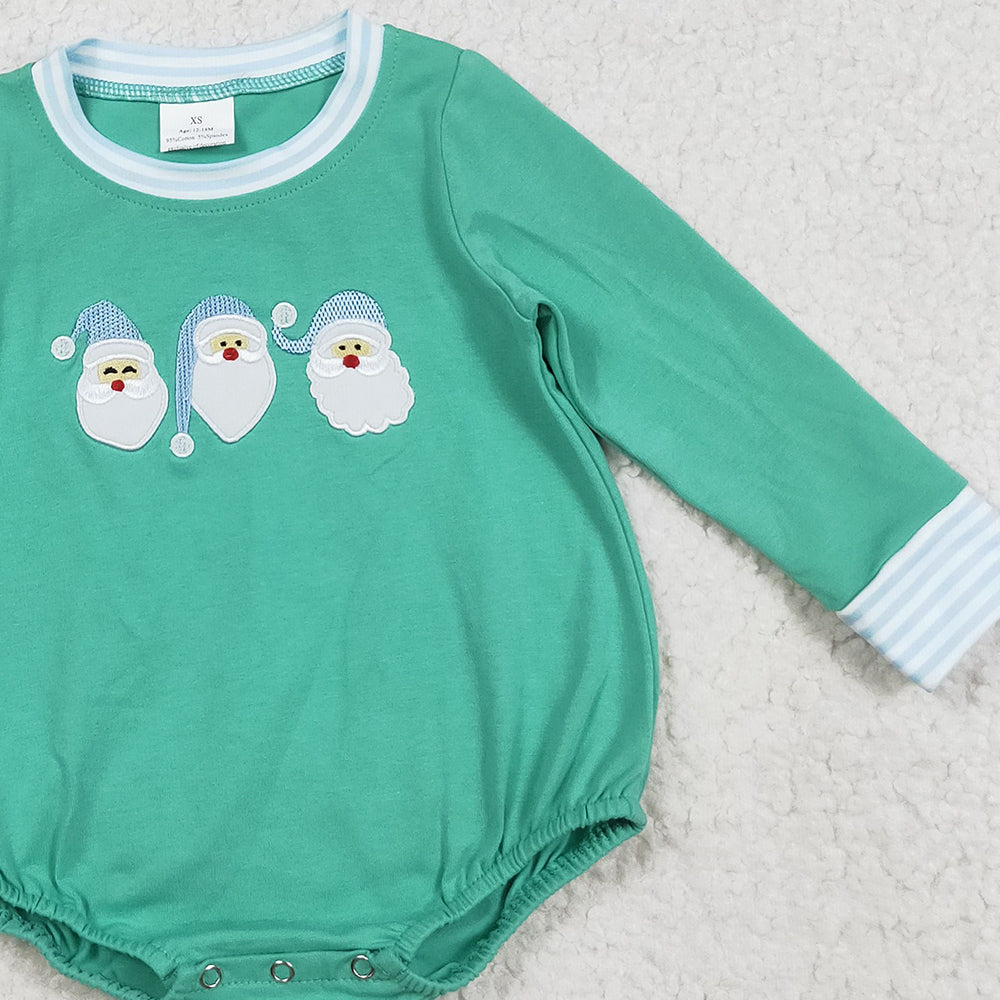 RTS NO MOQ （In stock）LR2412 Baby Boys Winter Rompers Embroidery Santa Baby Boys Green Christmas Rompers