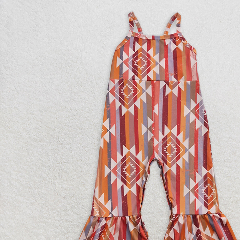 SR0252 RTS NO MOQ Baby Girls Summer Jumpsuits  Baby Girls Orange Aztec Strap Bell Bottom Jumpsuits