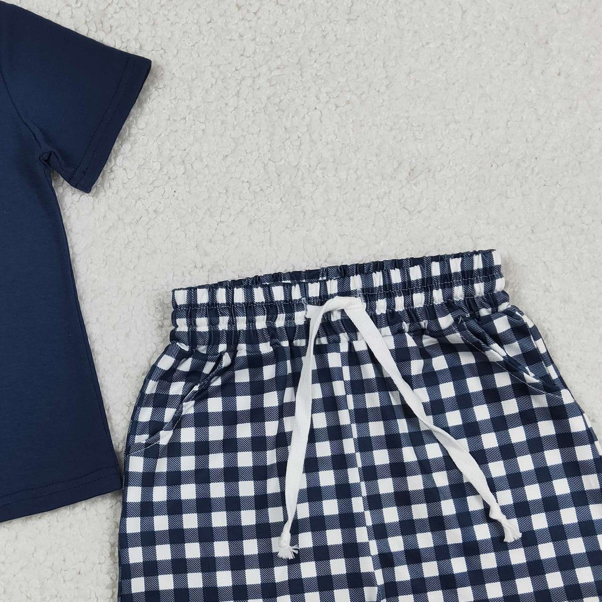 3.12 RTS NO MOQ （In stock）BSSO1882 Kids Clothing for Baby Boys Short Sleeve Navy Shirts Top Checked Pockets Short Clothes Sets