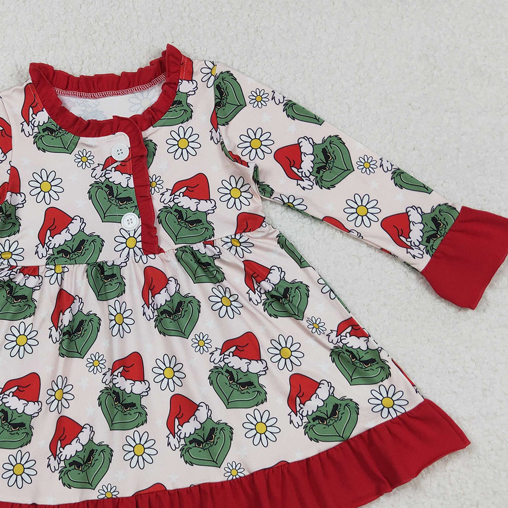 RTS NO MOQ （In stock）GLD1230 Baby Girls Winter Dress Button Christmas Green Face Flowers Knee Length Dress