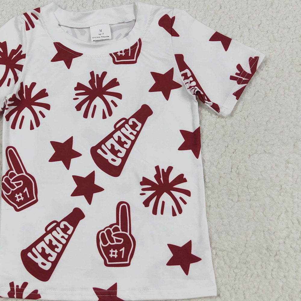 RTS NO MOQ （In stock）GT1093 Baby Girls Summer Tops Baby Girls Short Sleeves Dark Red Cheer Stars Team Tee Shirts Tops