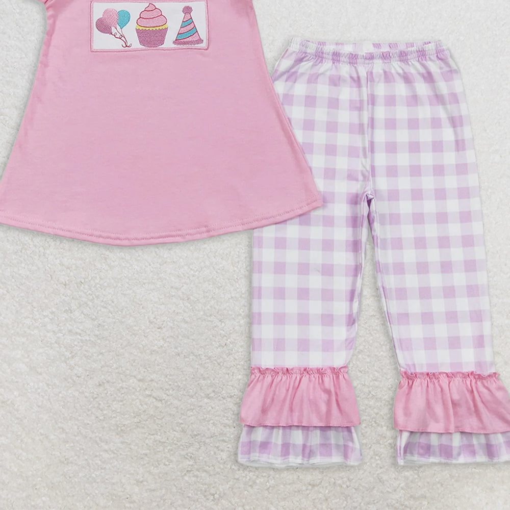 GSPO0960 RTS NO MOQ Baby Girls Spring Outfits Embroidered balloon cake birthday hat pink short-sleeved purple and white plaid trousers suit