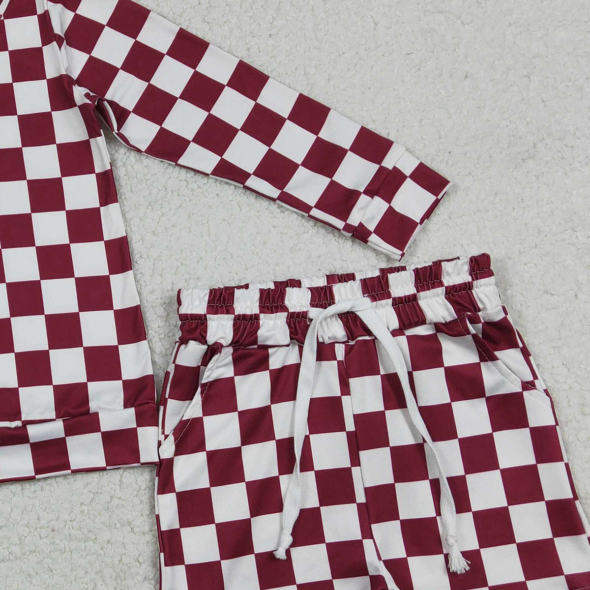 12.29 RTS NO MOQ （In stock）GLS0053 Baby Girls Long Sleeve Dark Red Checked Top Pockets Short Clothes Sets