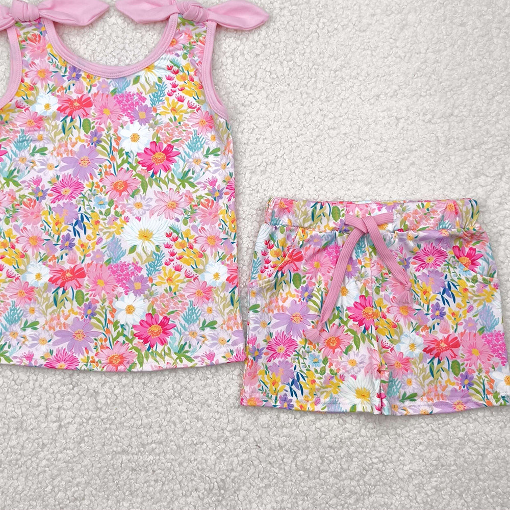8.25 GSSO2551RTS NO MOQ Baby Girls Summer Outfits baby girl clothes floral suspender shorts set
