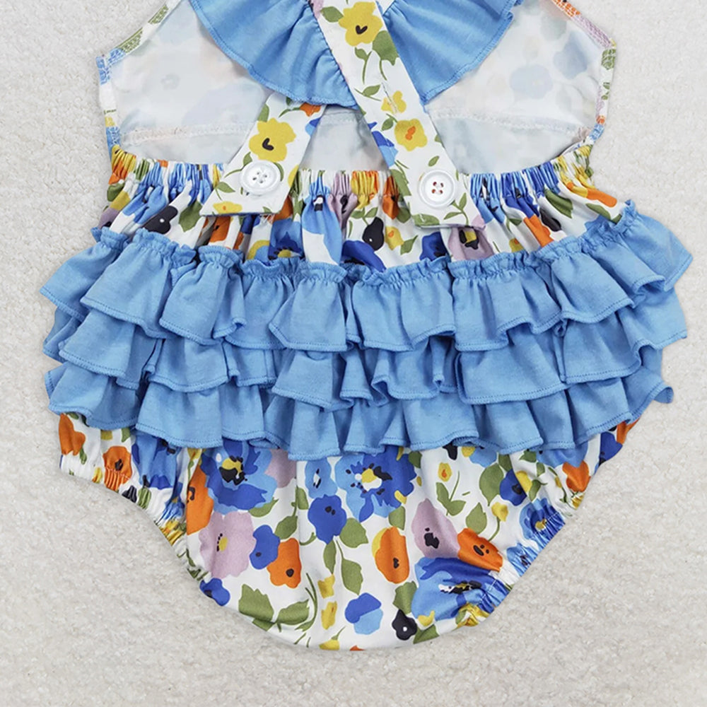 SR0824 RTS NO MOQ Baby Girls Summer Rompers Baby Girls Blue Flowers Tunic Ruffle Sibling Sister Rompers Dresses Clothes Sets