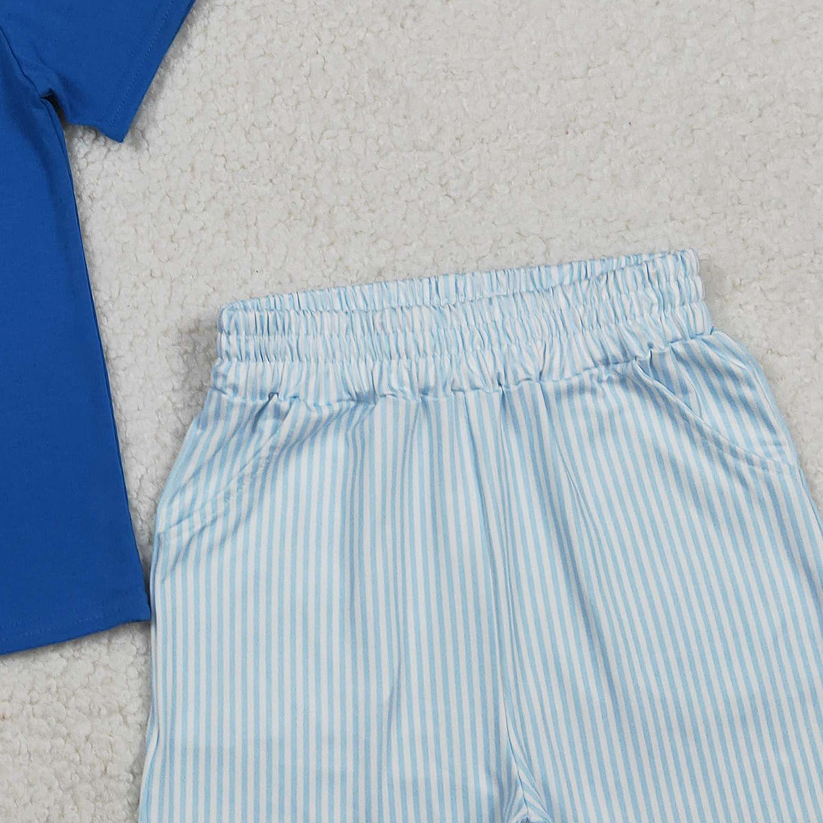 1.27 RTS NO MOQ （In stock）BSSO1670 Embroidery Baseballs Baby Boys Blue Top Pockets Stripe Shorts Team Clothes Sets