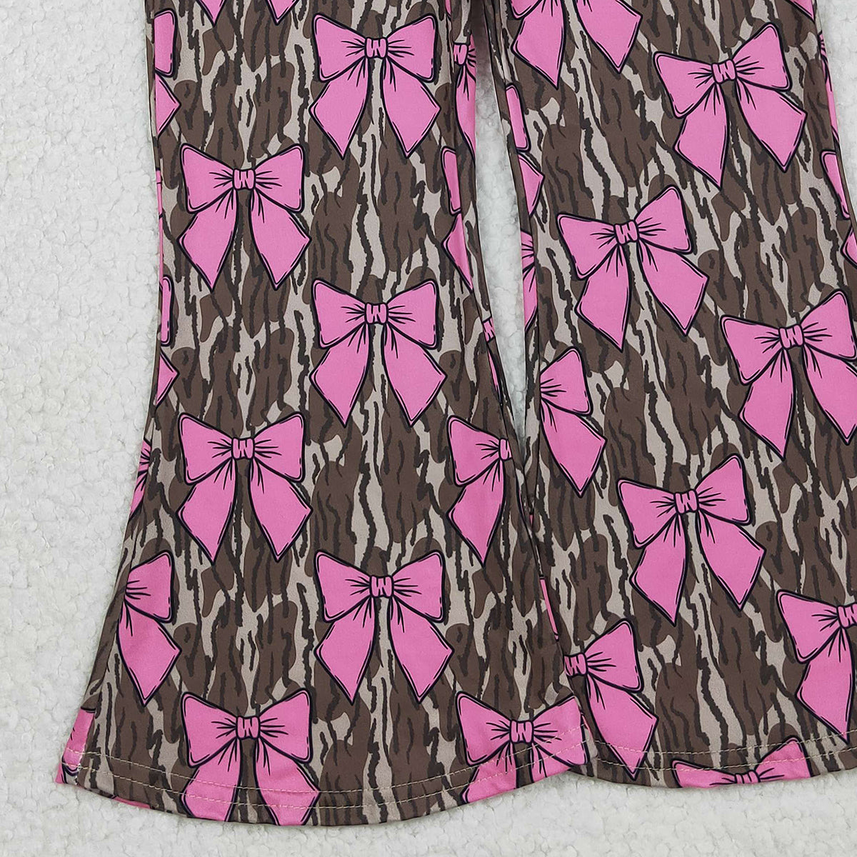 11.4 RTS NO MOQ （In stock）P0896 Baby Girls Olive Camo Pink Bows Bell Bottom Pants