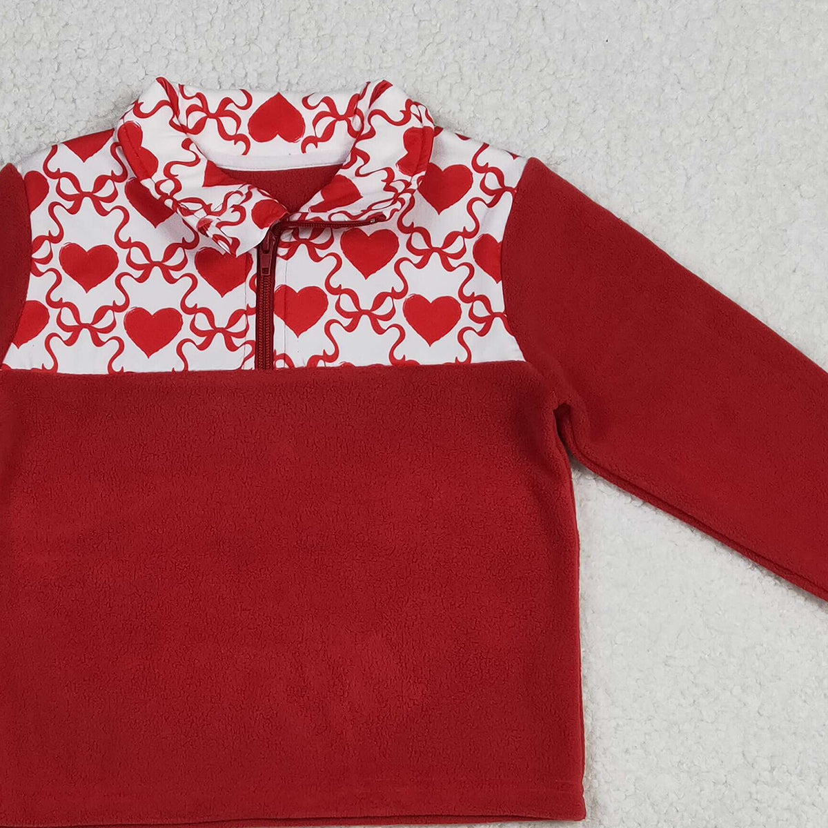 12.23 RTS NO MOQ （In stock）GT1505 Baby Girls Red Long Sleeve Bows Hearts Checked Valentines Zipper Sweater Top