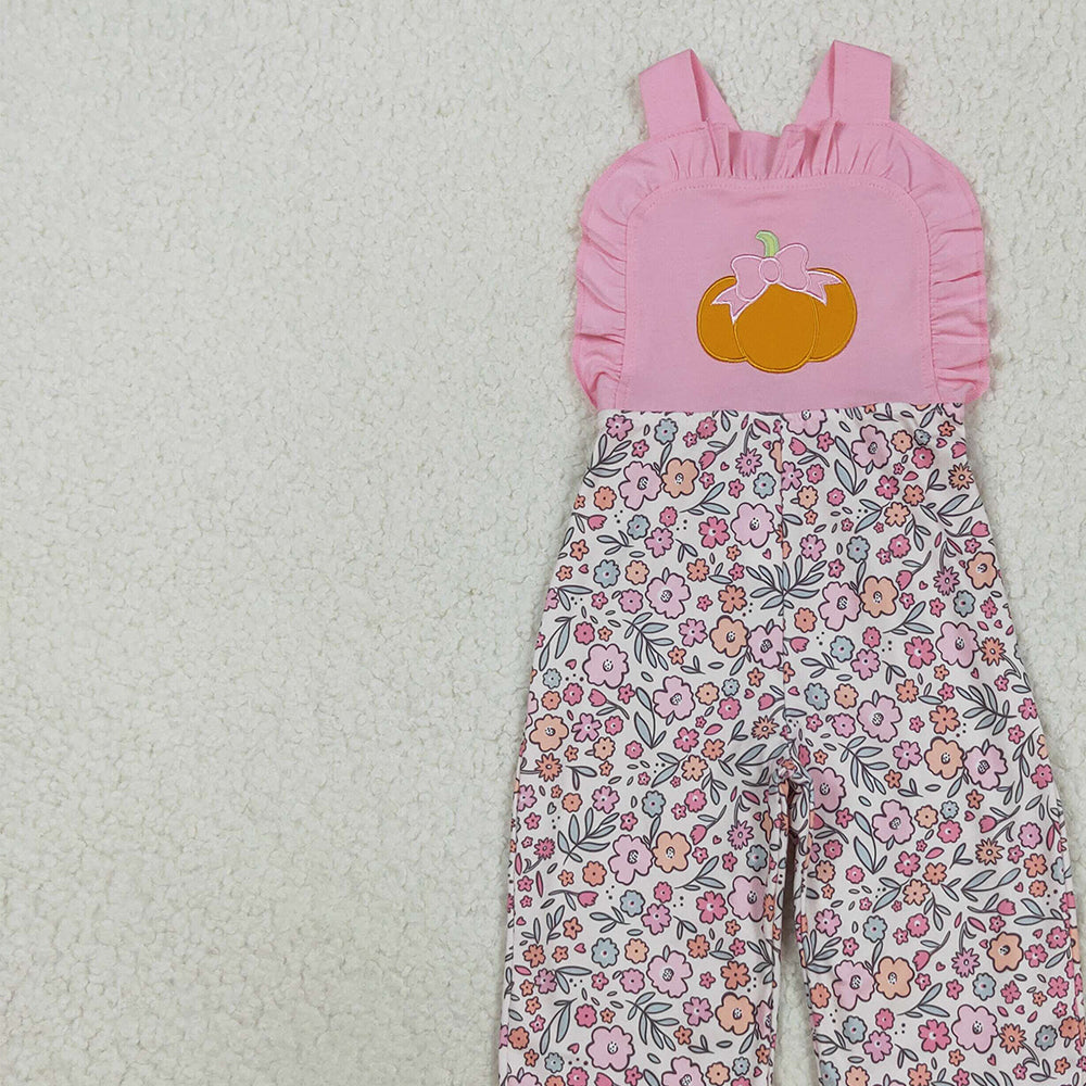RTS NO MOQ （In stock）SR3176 Baby Girls Summer Jumpsuits Embroidery Bow Pumpkins Baby Girls Pink Strap Floral Ruffle Pant Jumpsuits