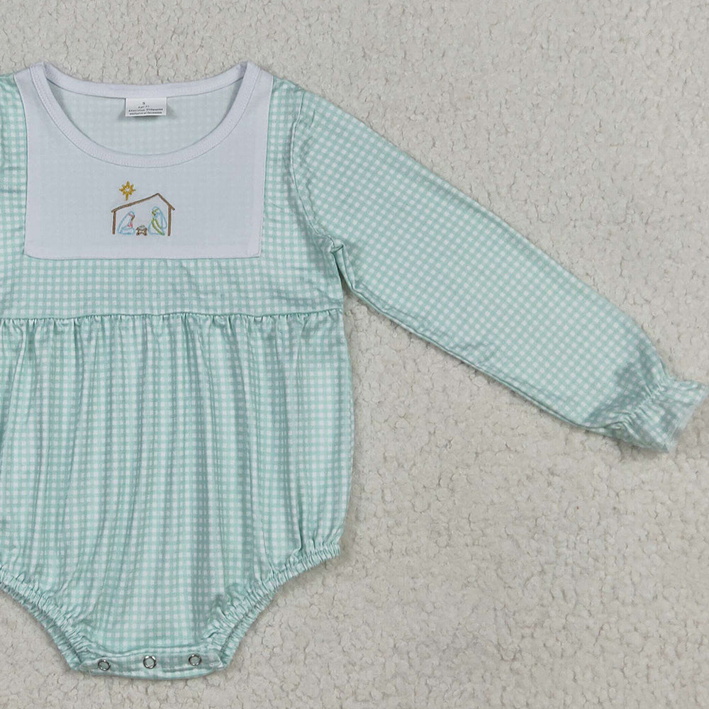 RTS NO MOQ （In stock）LR2265 Baby Girls Winter Rompers Embroidery Baby Boys Aqua Plaid Christmas Jesus Bummies Rompers