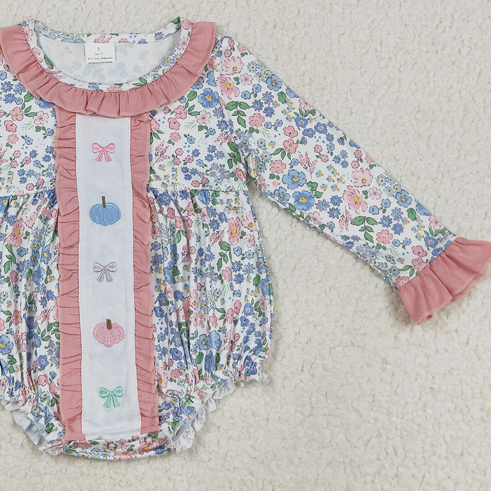 RTS NO MOQ （In stock）LR2273 Baby Girls Winter Rompers Embroidery Baby Girls Long Sleeves Floral Bows Pumpkins Ruffle Rompers