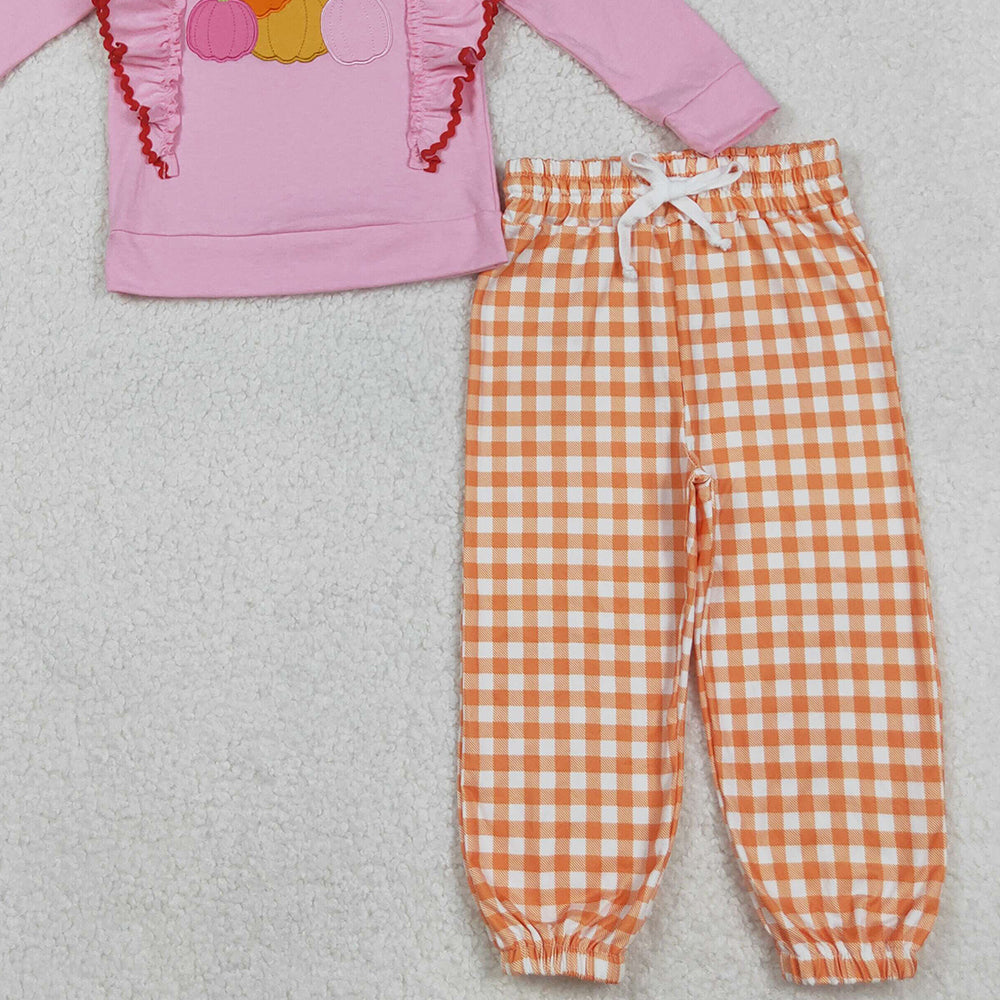 RTS NO MOQ （In stock）GLP2442 Baby Girls Winter Outfits Pink Long Sleeves Turkey Pumpkins Print Top with Orange Checkered Pants Outfit