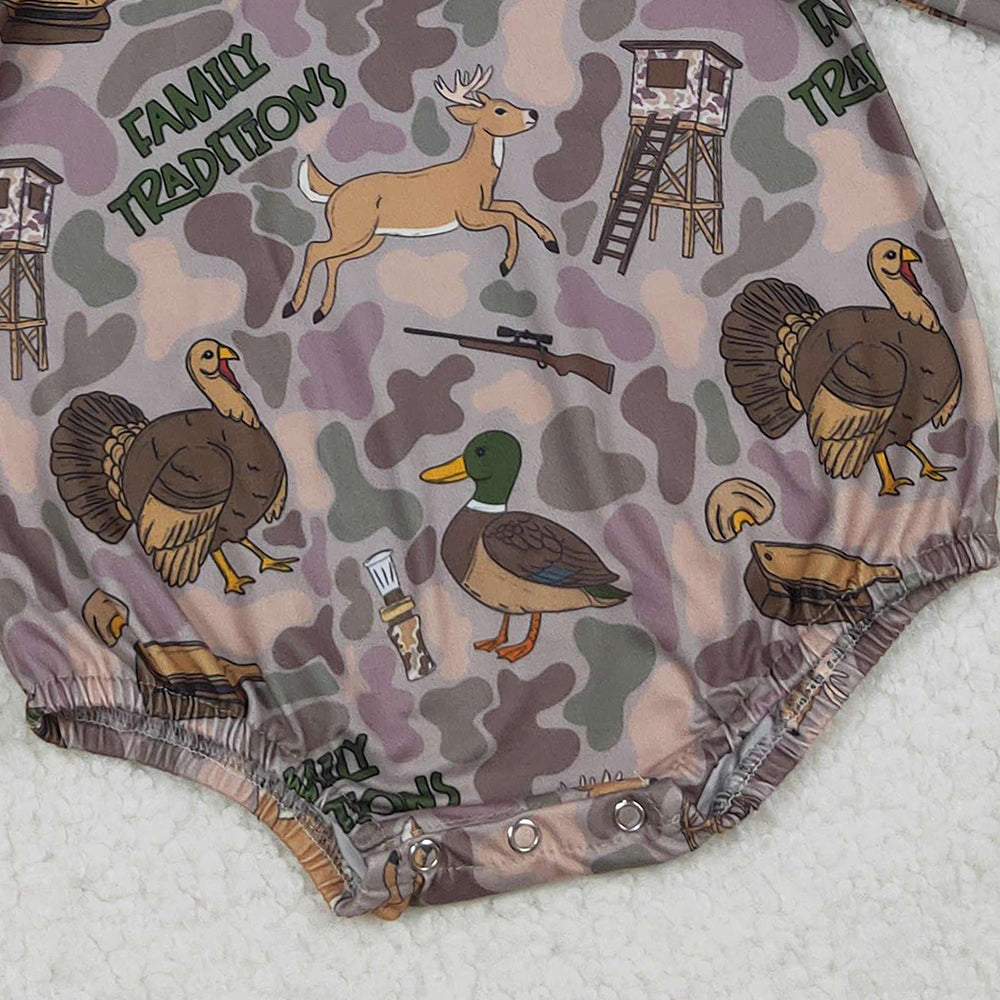 9.29 RTS NO MOQ （In stock）LR2440 Baby Boys Winter Rompers Baby Boys Brown Camo Turkey Ducks Hunting Rompers