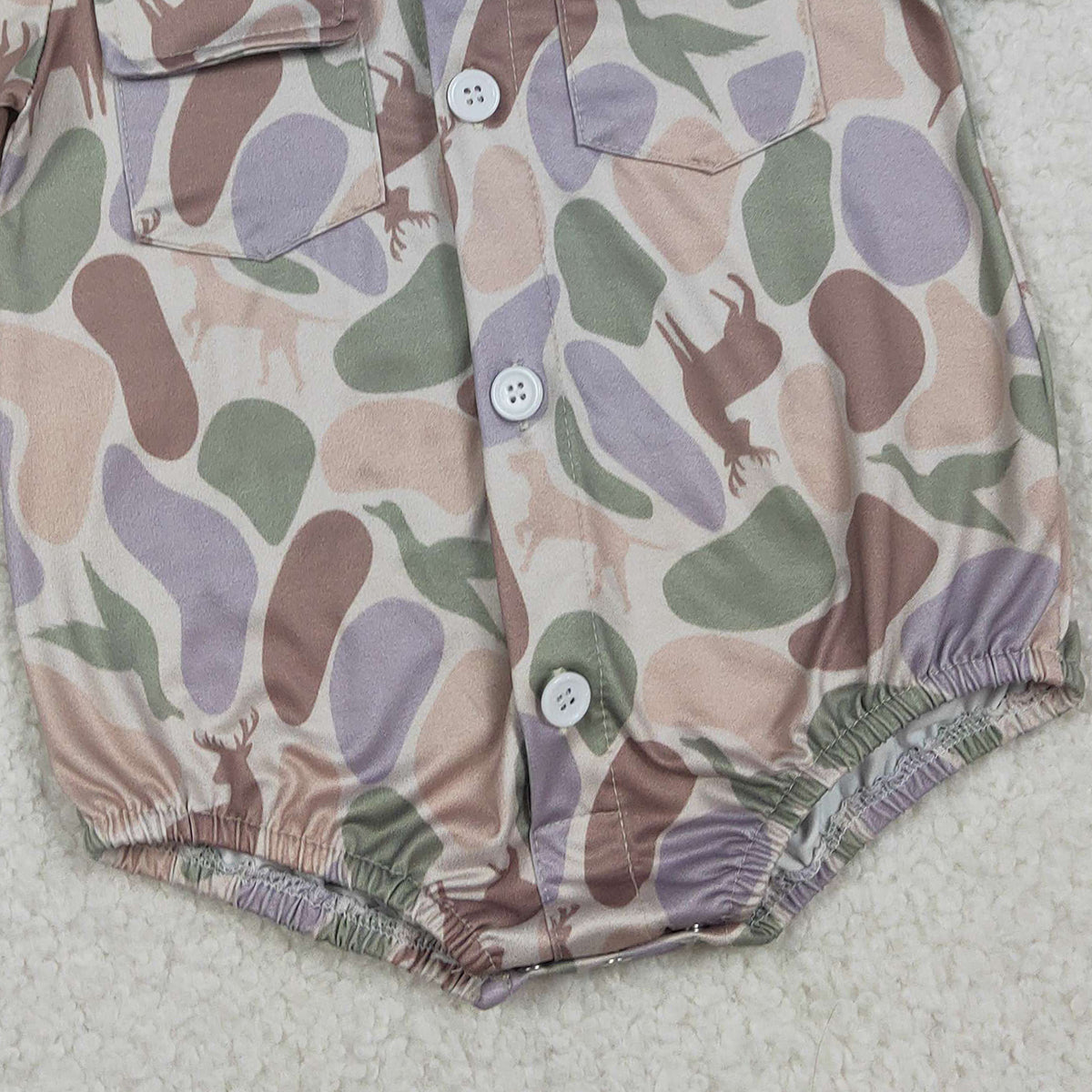 2.7 RTS NO MOQ （In stock）SR3544 Baby Boys Ducks Dogs Deer Camo Pockets Button Hunting Rompers