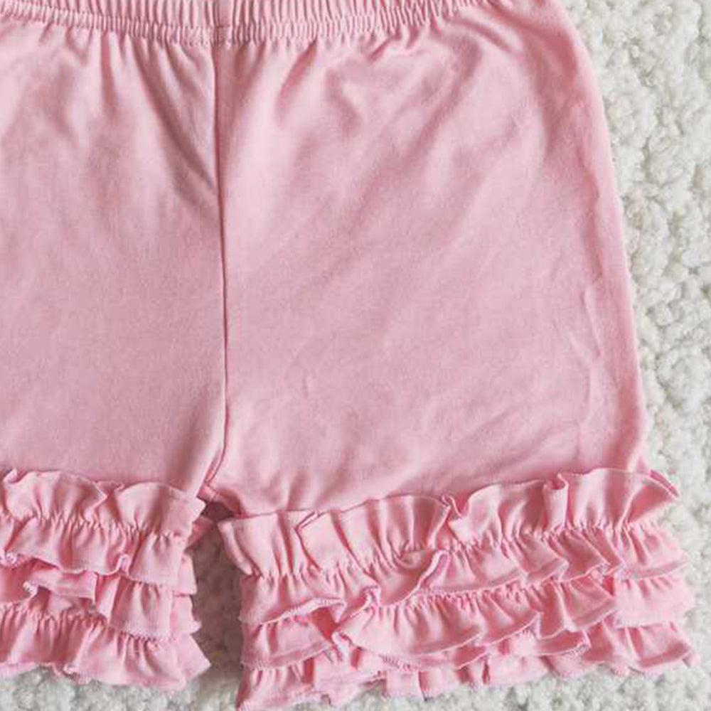 C13-15 RTS NO MOQ Pink Icing Ruffle Shorts for Girls Soft Cotton Stretchy Comfortable Fit Kids' Clothing Pink Ruffled Shorts for Girls